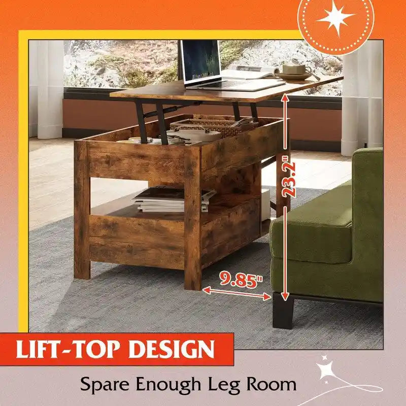 Lift-Top Coffee Table with Storage, Rustic Brown / Greige, Seats 1