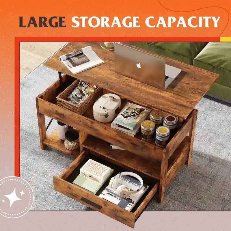 Lift-Top Coffee Table with Storage, Rustic Brown / Greige, Seats 1