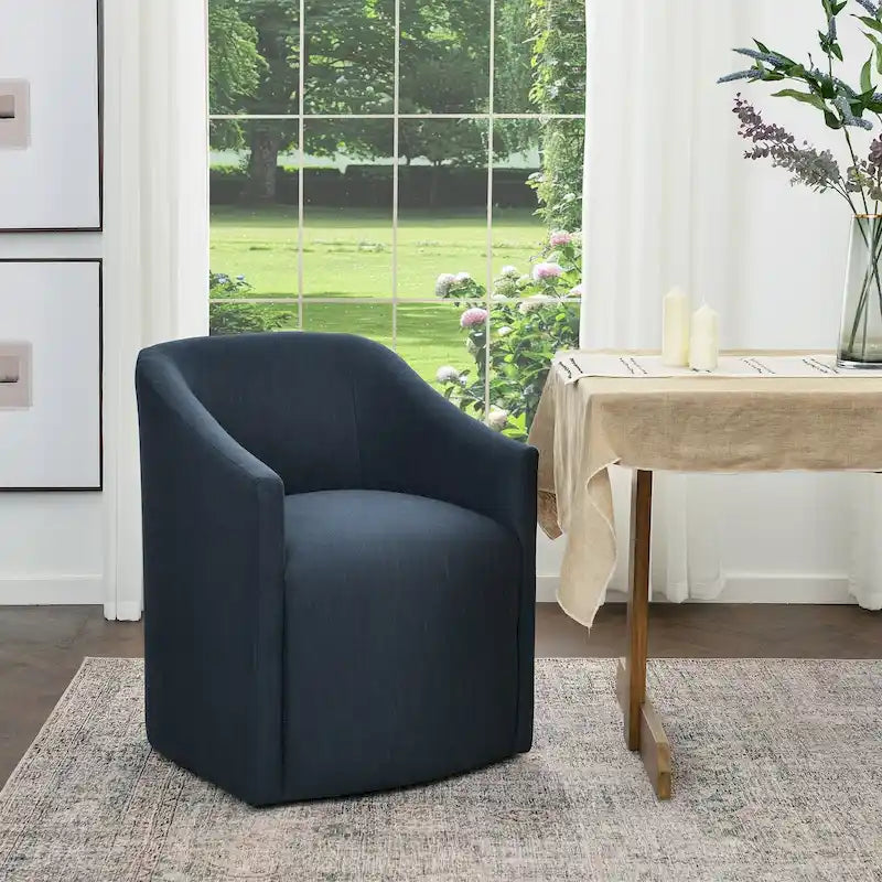 Ivory/Indigo/Light Grey/Mocha Performance Fabric Barrel Back Rolling Dining Armchair, Single