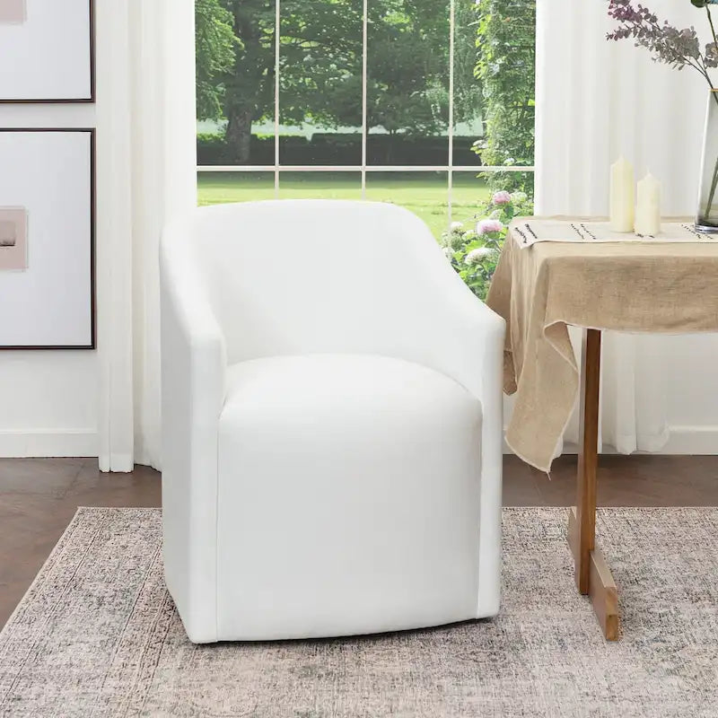 Poltroncina da pranzo a rotelle con schienale a botte in tessuto ad alte prestazioni color avorio/indaco/grigio chiaro/moka, singola