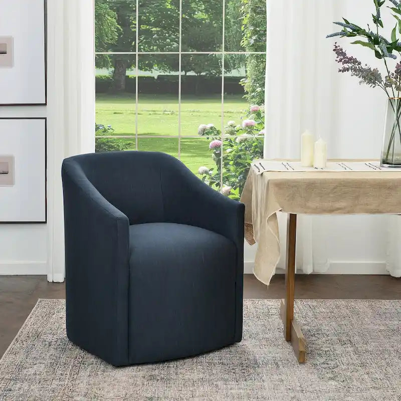 Ivory/Indigo/Light Grey/Mocha Performance Fabric Barrel Back Rolling Dining Armchair, Single