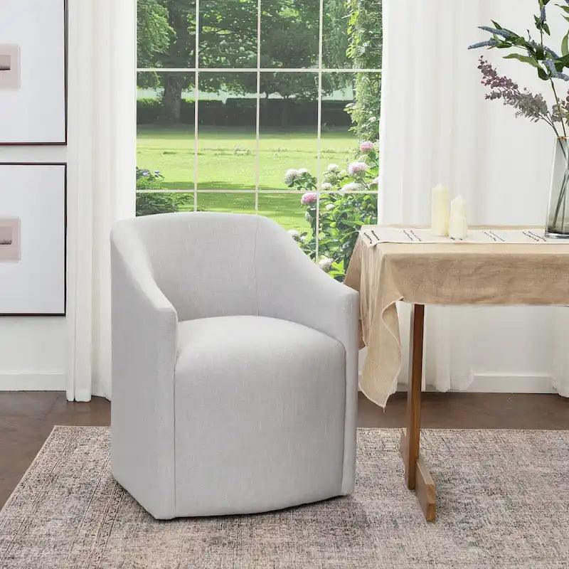 Poltroncina da pranzo a rotelle con schienale a botte in tessuto ad alte prestazioni color avorio/indaco/grigio chiaro/moka, singola