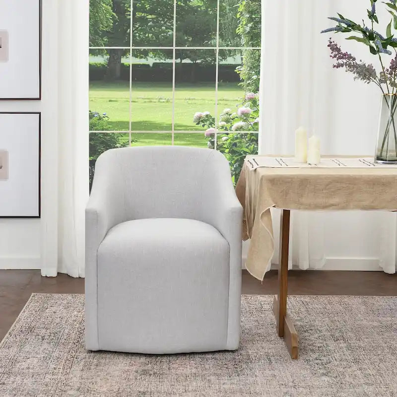 Poltroncina da pranzo a rotelle con schienale a botte in tessuto ad alte prestazioni color avorio/indaco/grigio chiaro/moka, singola