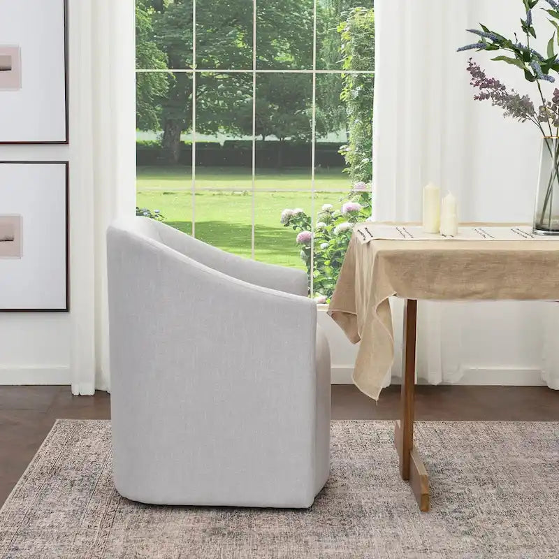 Poltroncina da pranzo a rotelle con schienale a botte in tessuto ad alte prestazioni color avorio/indaco/grigio chiaro/moka, singola