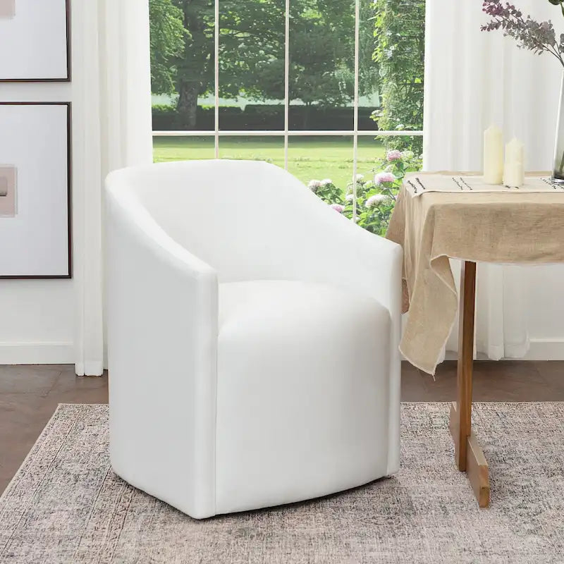 Poltroncina da pranzo a rotelle con schienale a botte in tessuto ad alte prestazioni color avorio/indaco/grigio chiaro/moka, singola