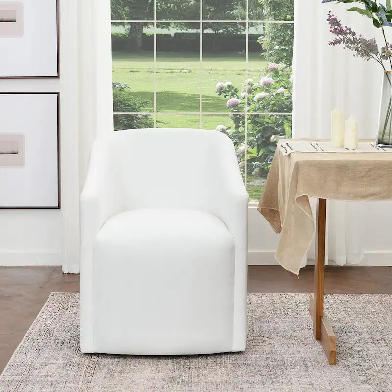 Poltroncina da pranzo a rotelle con schienale a botte in tessuto ad alte prestazioni color avorio/indaco/grigio chiaro/moka, singola