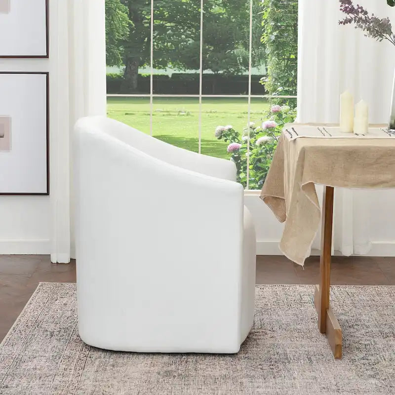 Poltroncina da pranzo a rotelle con schienale a botte in tessuto ad alte prestazioni color avorio/indaco/grigio chiaro/moka, singola