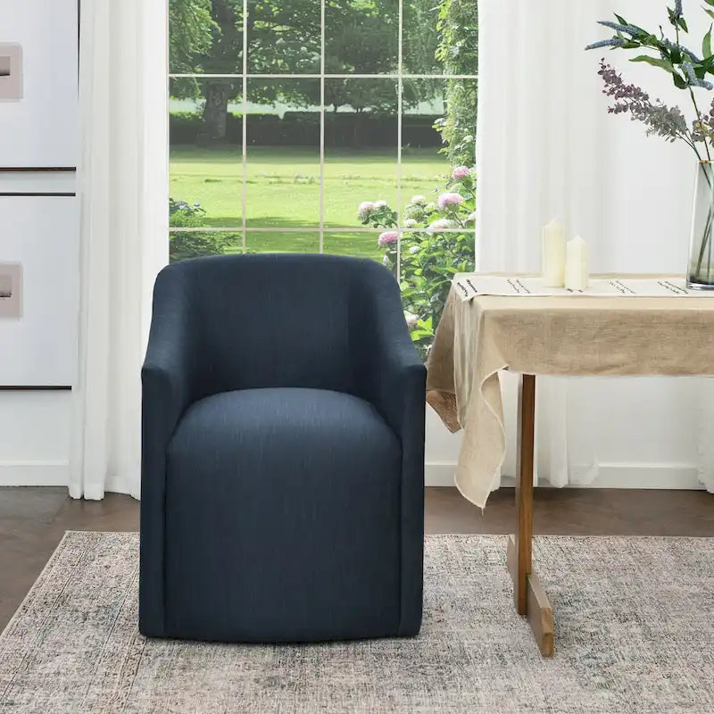 Poltroncina da pranzo a rotelle con schienale a botte in tessuto ad alte prestazioni color avorio/indaco/grigio chiaro/moka, singola