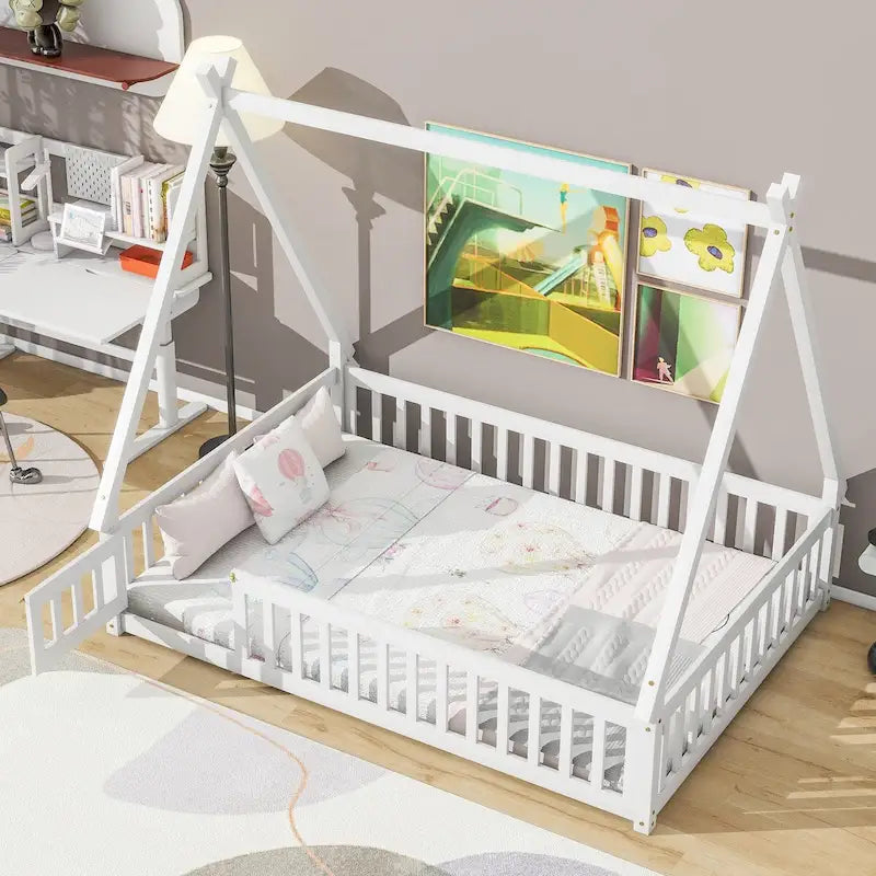 Letto da pavimento a grandezza naturale in stile tenda, naturale / grigio / bianco, con sponde di sicurezza e porta, per 1 persona
