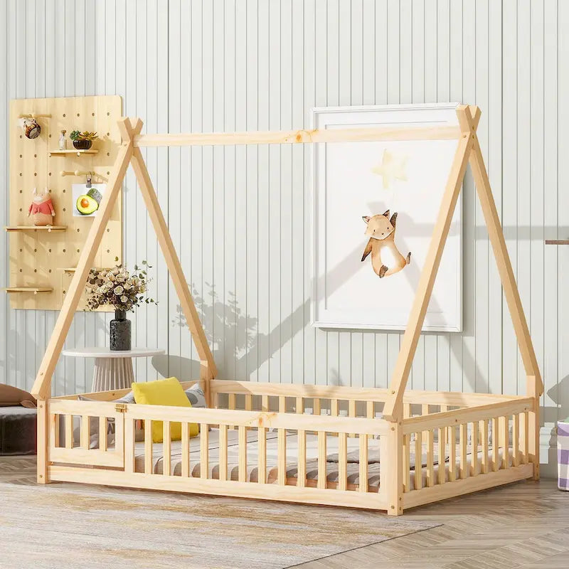 Letto da pavimento a grandezza naturale in stile tenda, naturale / grigio / bianco, con sponde di sicurezza e porta, per 1 persona