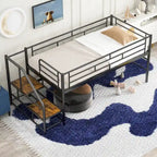 Black / White Twin Metal Loft Bed with Storage Stairs, Single