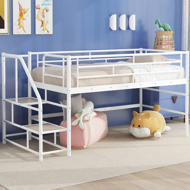 Black / White Twin Metal Loft Bed with Storage Stairs, Single