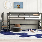 Black / White Twin Metal Loft Bed with Storage Stairs, Single