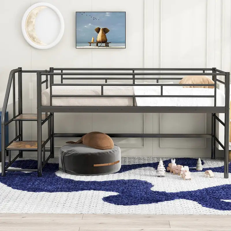 Black / White Twin Metal Loft Bed with Storage Stairs, Single