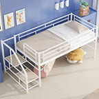 Black / White Twin Metal Loft Bed with Storage Stairs, Single