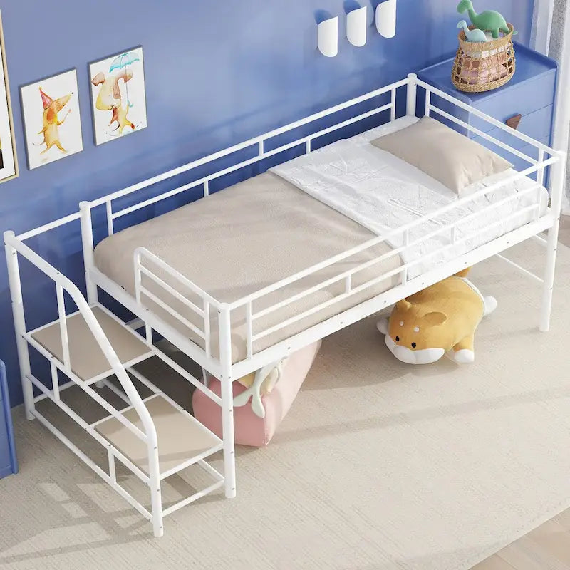 Black / White Twin Metal Loft Bed with Storage Stairs, Single