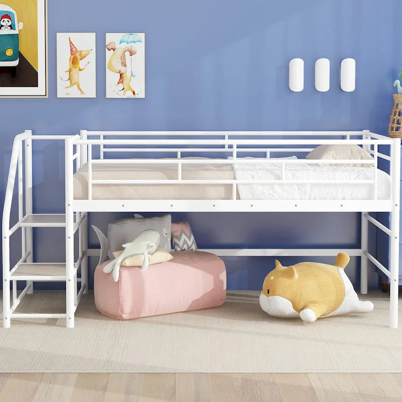 Black / White Twin Metal Loft Bed with Storage Stairs, Single