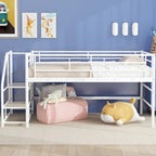 Black / White Twin Metal Loft Bed with Storage Stairs, Single
