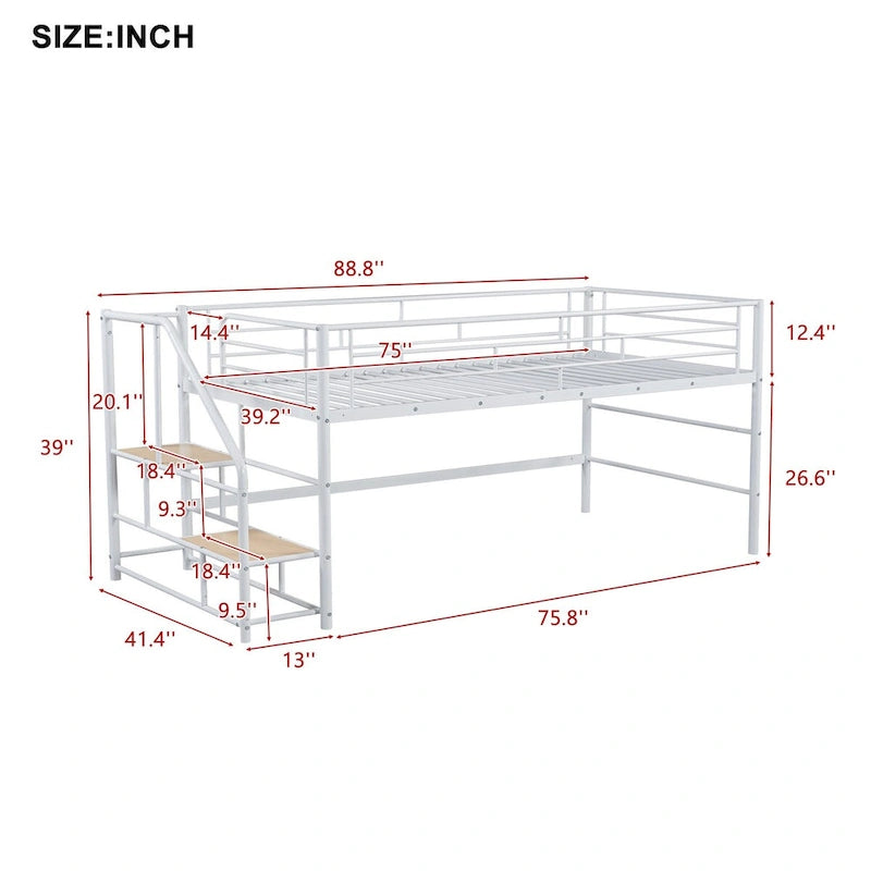 Black / White Twin Metal Loft Bed with Storage Stairs, Single