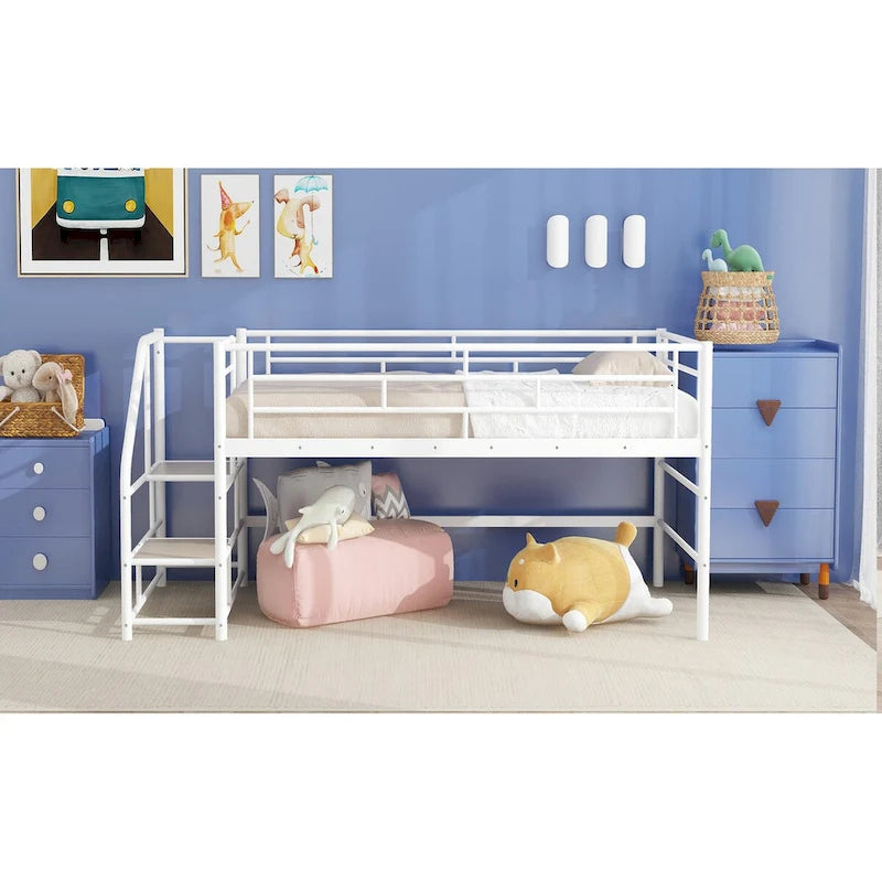 Black / White Twin Metal Loft Bed with Storage Stairs, Single
