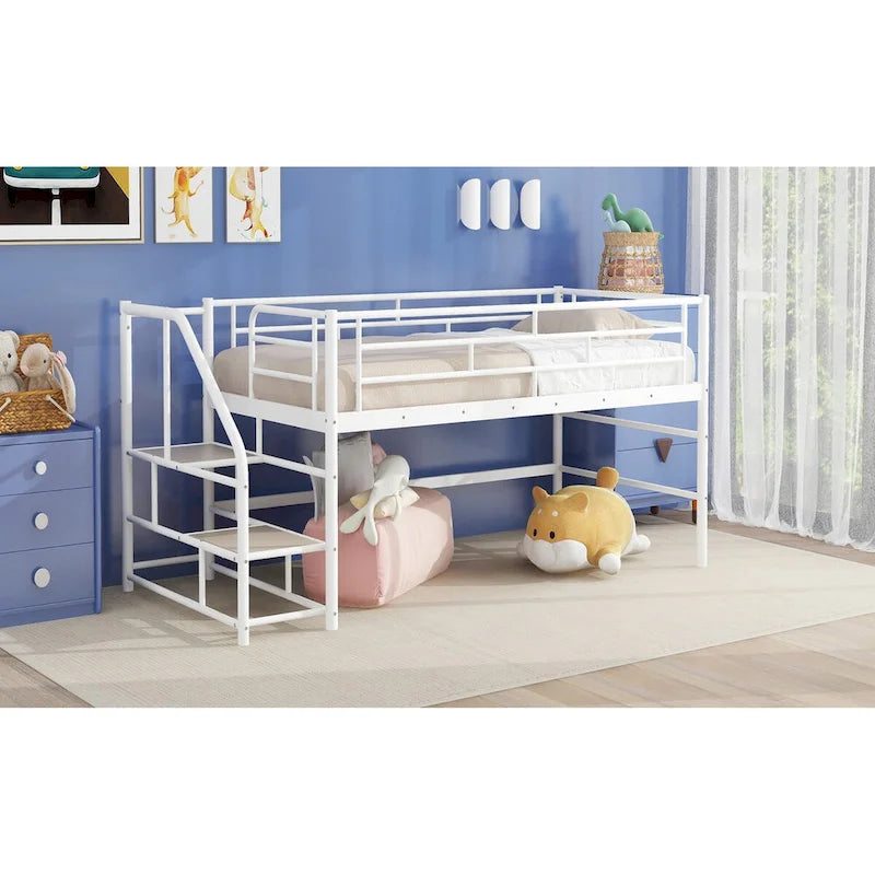 Black / White Twin Metal Loft Bed with Storage Stairs, Single