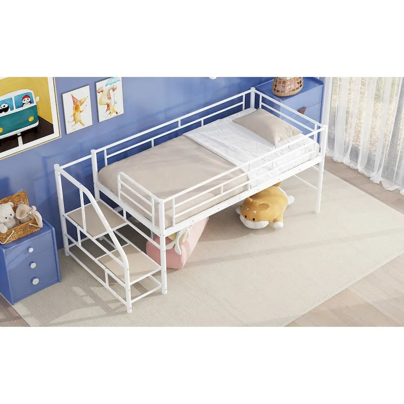 Black / White Twin Metal Loft Bed with Storage Stairs, Single