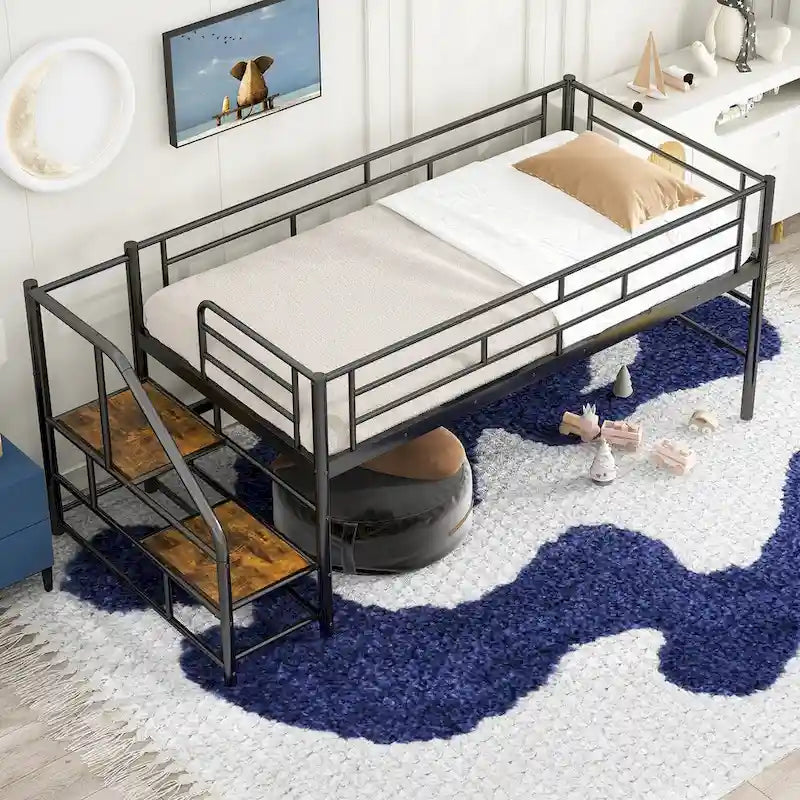 Black / White Twin Metal Loft Bed with Storage Stairs, Single