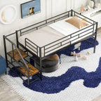 Black / White Twin Metal Loft Bed with Storage Stairs, Single