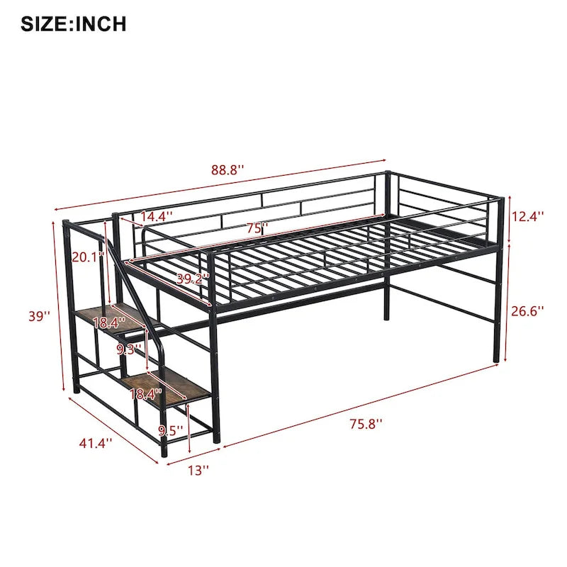 Black / White Twin Metal Loft Bed with Storage Stairs, Single