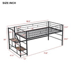 Black / White Twin Metal Loft Bed with Storage Stairs, Single
