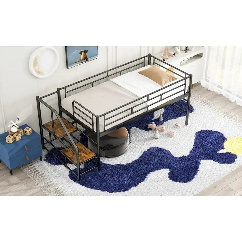 Black / White Twin Metal Loft Bed with Storage Stairs, Single