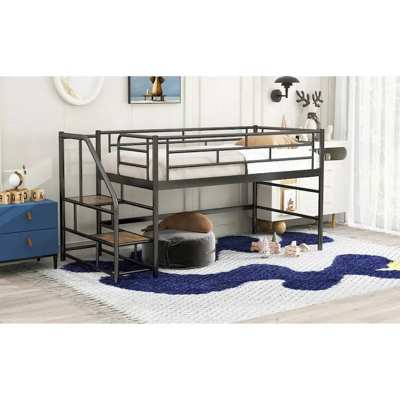 Black / White Twin Metal Loft Bed with Storage Stairs, Single