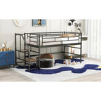 Black / White Twin Metal Loft Bed with Storage Stairs, Single