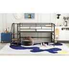 Black / White Twin Metal Loft Bed with Storage Stairs, Single