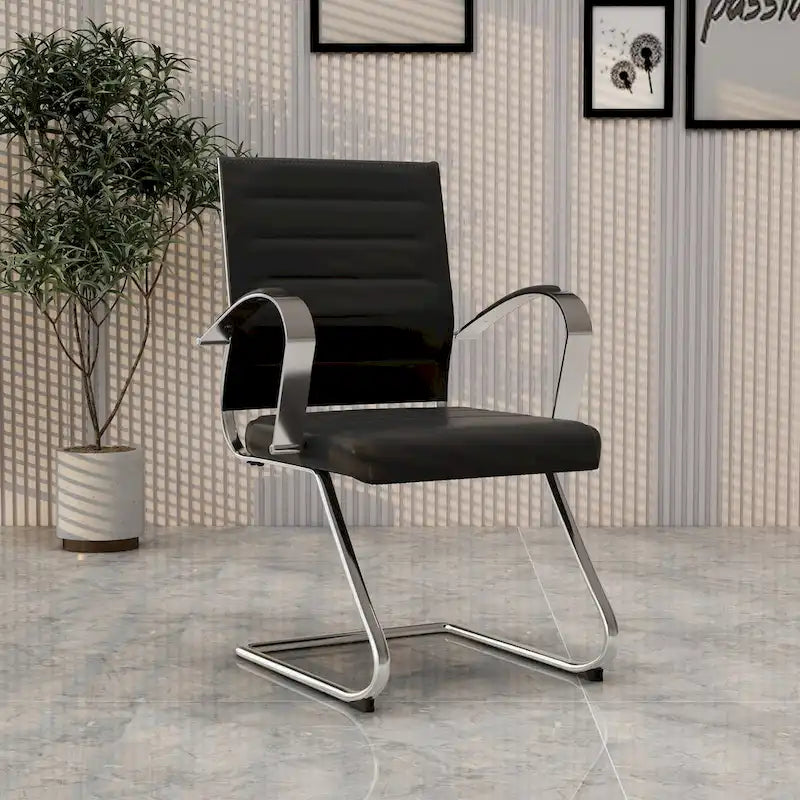 Leather Office Chair with Stainless Steel Sled Base Benmar Series by LeisureMod