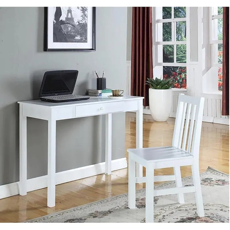 White / Black Wood Writing Desk, Contemporary, 1-Person, 1 Drawer