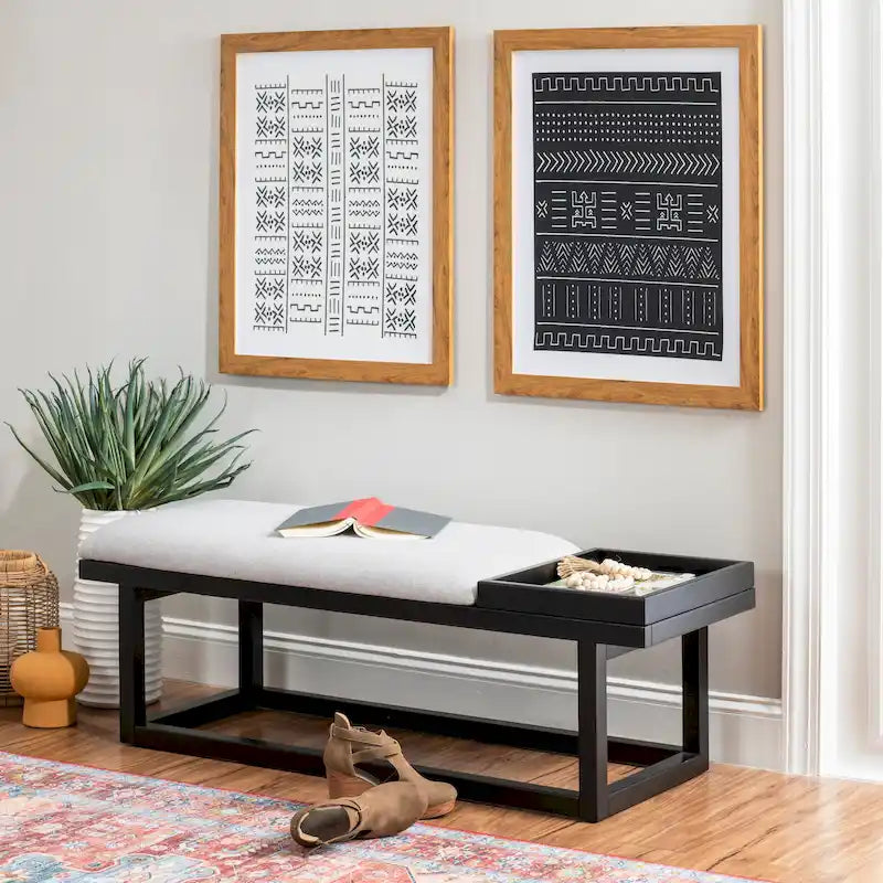 Black/Grey Upholstered Wood Storage Bench, 1-Person
