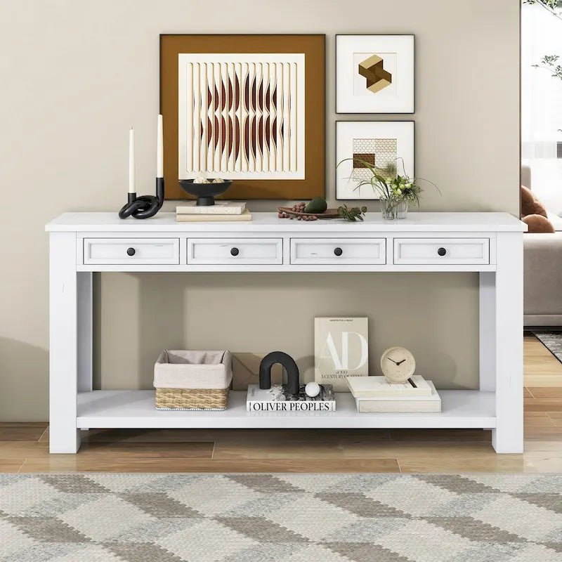 Consolle bianco antico/tortora/blu scuro con cassetti e ripiano inferiore, per 1 persona
