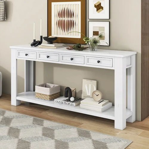 Antique White/Tan/Dark Blue Console Table with Drawers & Bottom Shelf, 1-Person