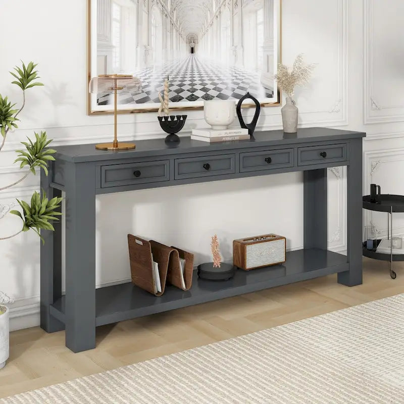 Consolle bianco antico/tortora/blu scuro con cassetti e ripiano inferiore, per 1 persona