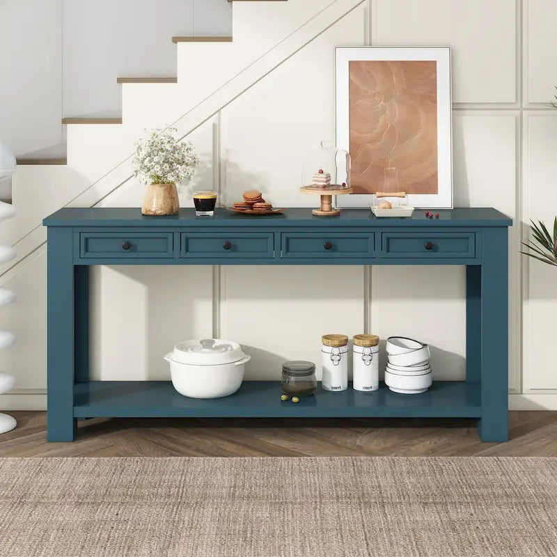 Consolle bianco antico/tortora/blu scuro con cassetti e ripiano inferiore, per 1 persona