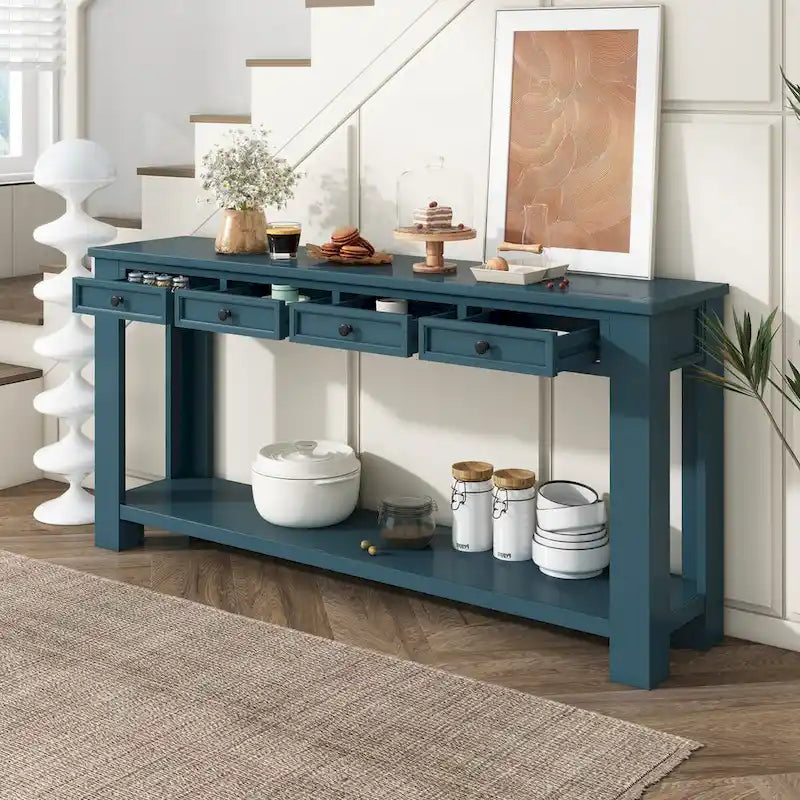 Consolle bianco antico/tortora/blu scuro con cassetti e ripiano inferiore, per 1 persona