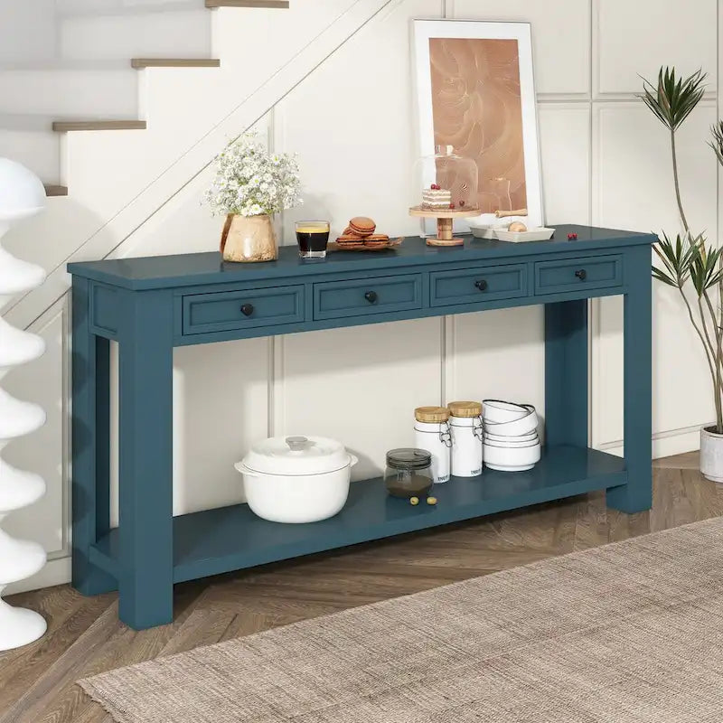 Consolle bianco antico/tortora/blu scuro con cassetti e ripiano inferiore, per 1 persona