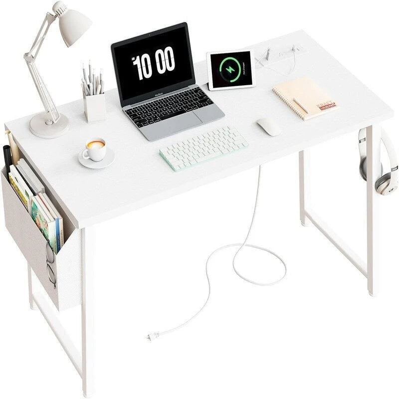 White 39" Single Computer Desk with Power Outlet