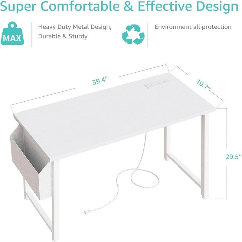 White 39" Single Computer Desk with Power Outlet