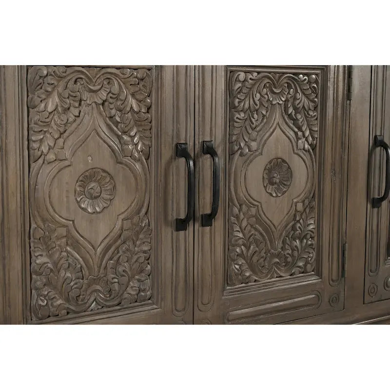Brown 3-Door Carved Solid Wood Sideboard