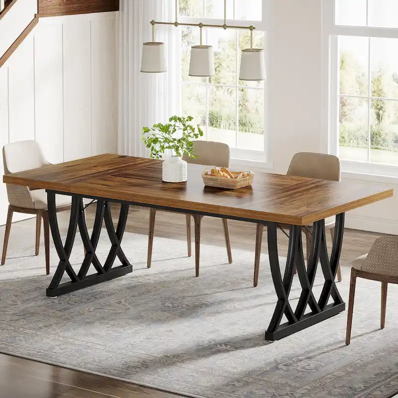 Brown & White Rectangular Dining Table, MDF & Metal, Seats 6–8