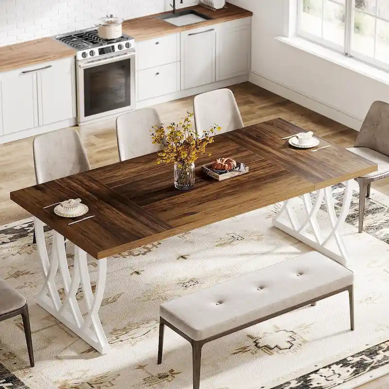 Tavolo da pranzo rettangolare marrone e bianco, MDF e metallo, 6-8 posti